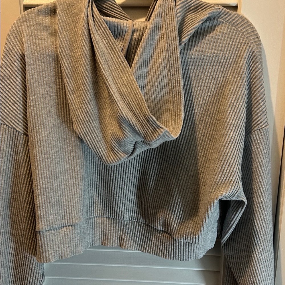 ALO Yoga Ribbed Cropped Hoodie in Light Gray - Picture 4 of 4